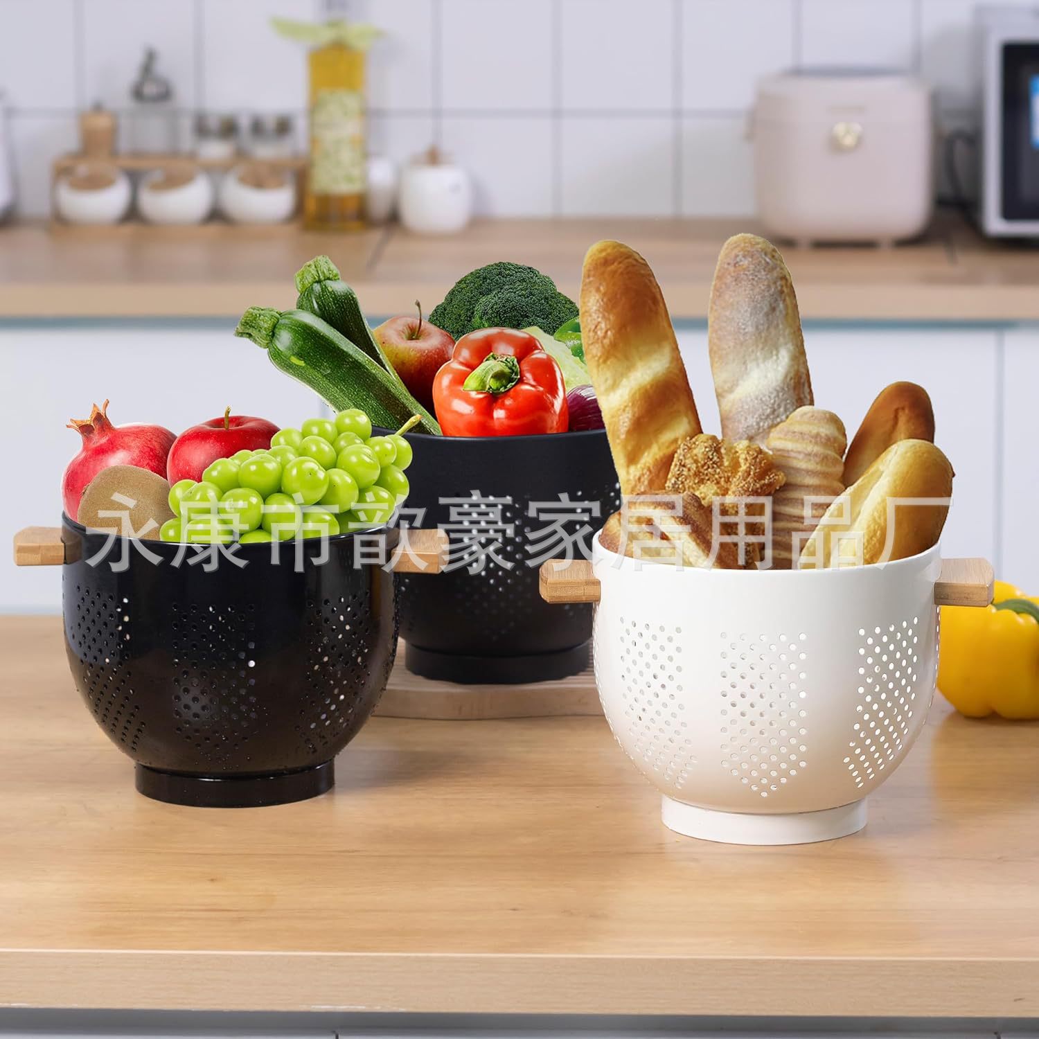  畅销竹柄木质篮水果洗菜筛米basketKitche!Metal Strainers