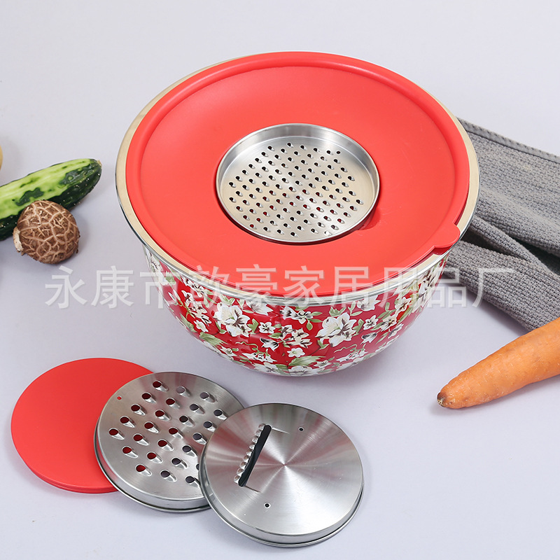 304不锈钢贴花沙拉碗和面盆加厚打蛋盆削皮抛丝套件带盖烘焙料理