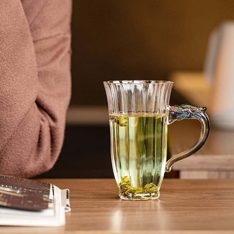 厂家直销宫廷风珐琅彩耐热绿茶杯高硼硅家用水杯果汁杯龙把手竖纹