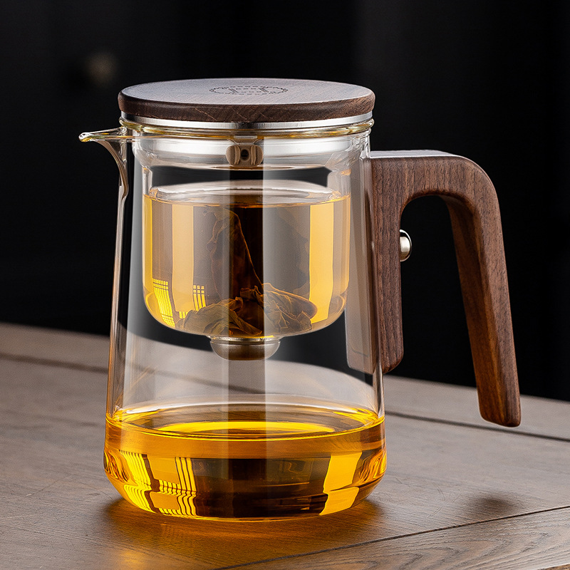 飘逸杯泡茶壶全玻璃内胆磁吸一键过滤家用茶具套装胡桃木把泡茶杯